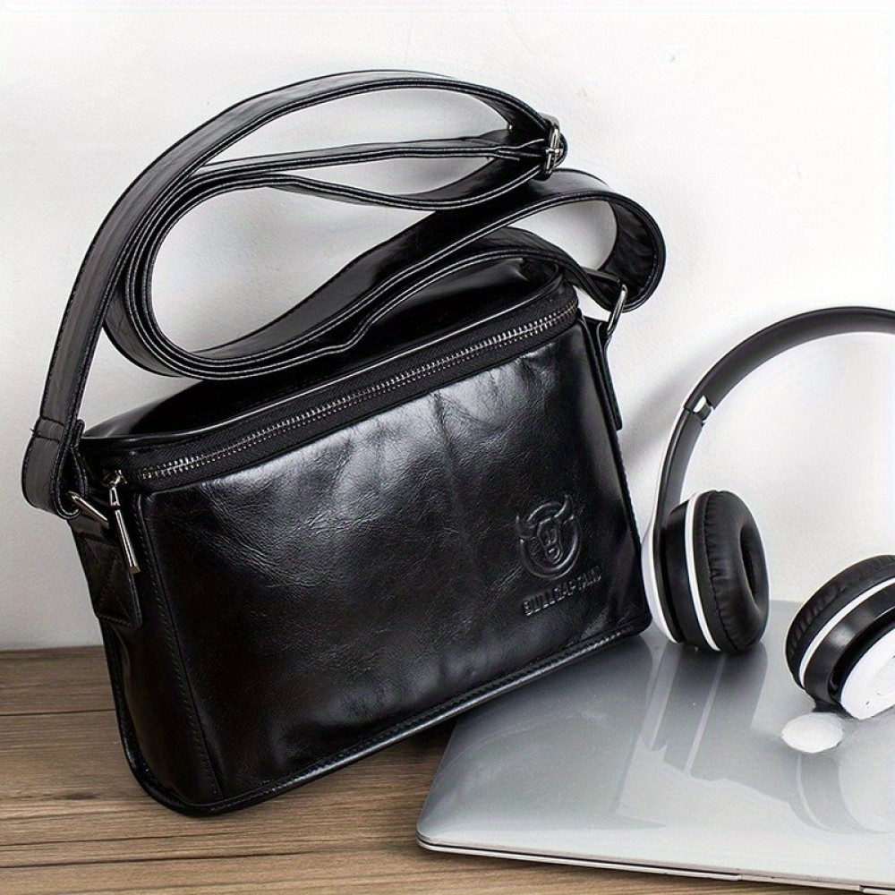 Men's Full-Grain Cowhide Leather Crossbody Bag - Adjustable Strap, Golden-Tone Hardware & Snap Closure, iPad & Phone Compartment - Retro Casual & Business Multifunctional Small Square Shoulder Bag (Black, Durable Everyday Carry)